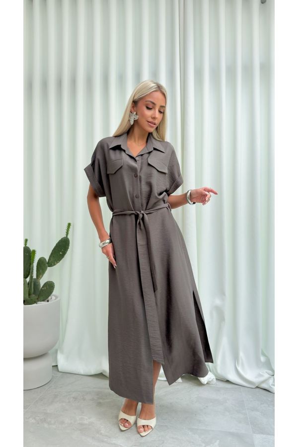 Sukienka Koszulowa Maxi Premium Wiązana w Pasie Elegancka Oversize Guziki Kieszenie - fango